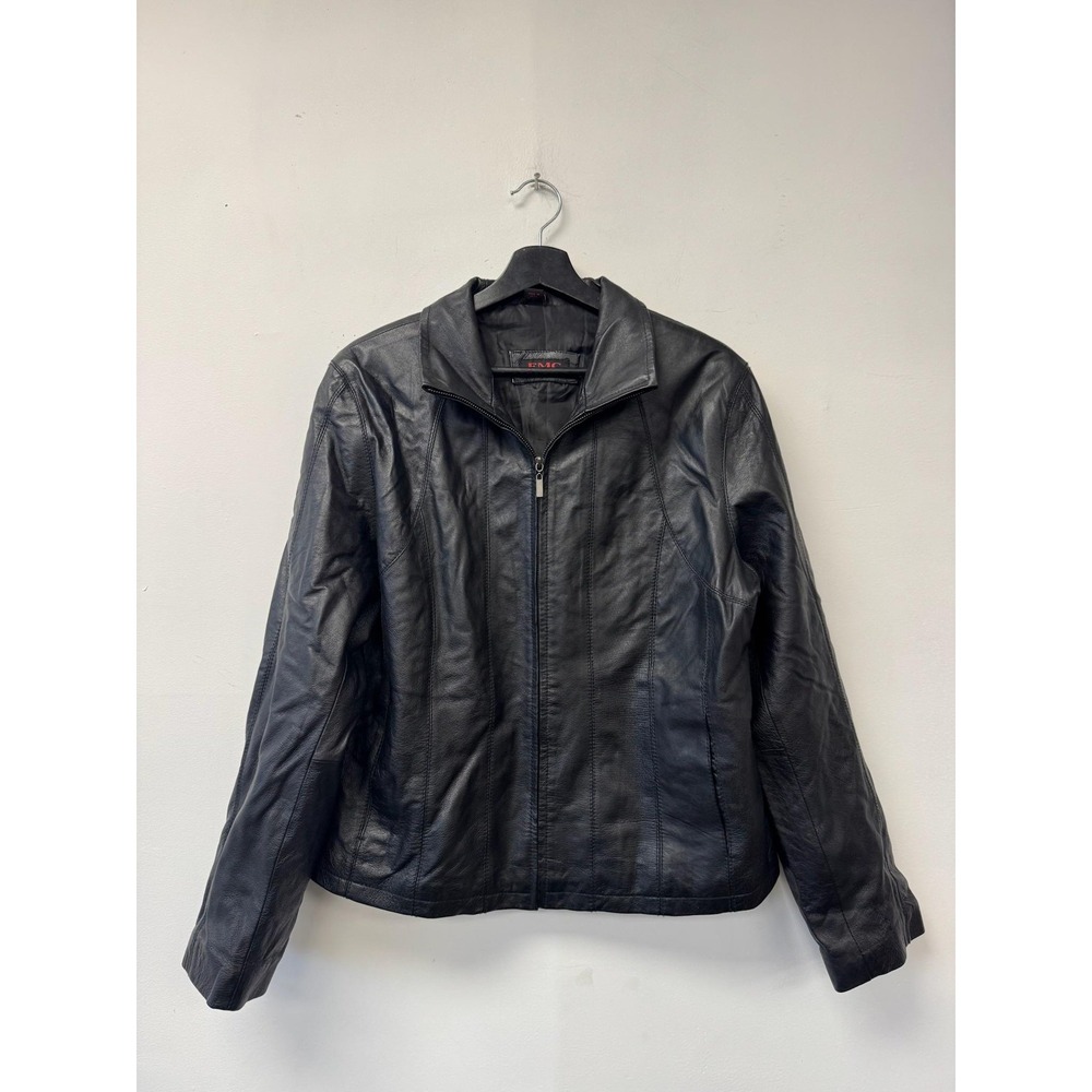 EMC Jacket Womens Large Black Leather Short Full Zip Collared Lined Pockets
